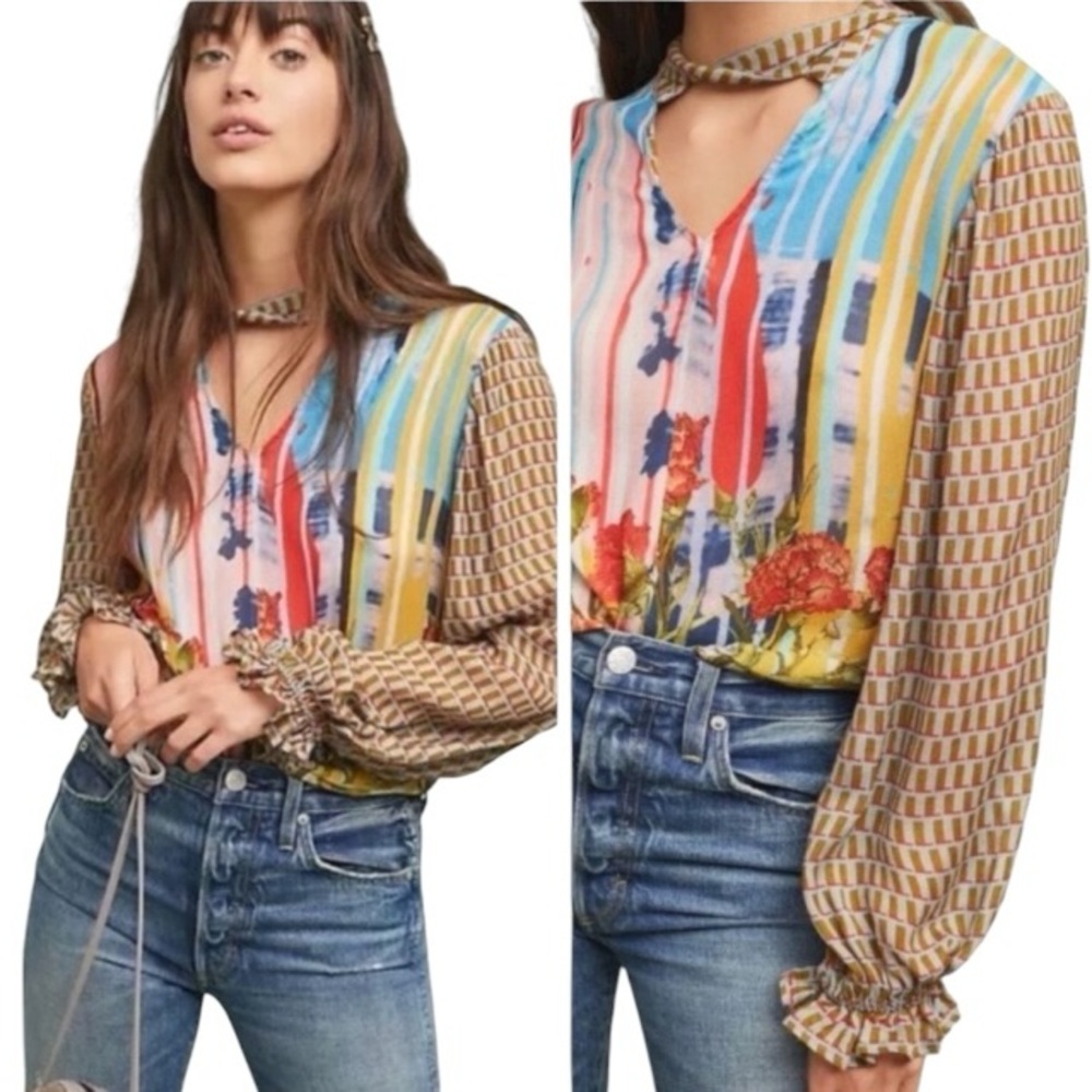 Anthropologie Conditions Apply Retro Printed Twisted Cutout Blouse - M